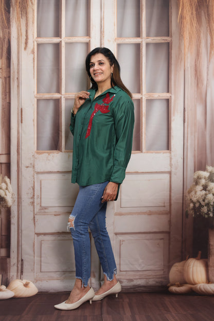 Dark Green Muslin Up-Down Short Tunic Top | Sequins Embroidery Work