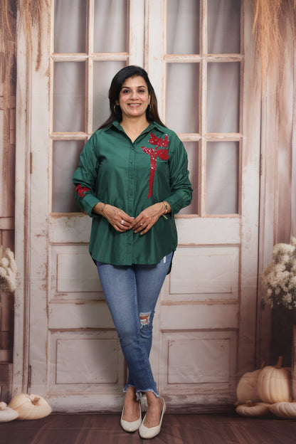 Dark Green Muslin Up-Down Short Tunic Top | Sequins Embroidery Work