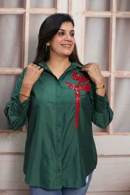 Dark Green Muslin Up-Down Short Tunic Top | Sequins Embroidery Work