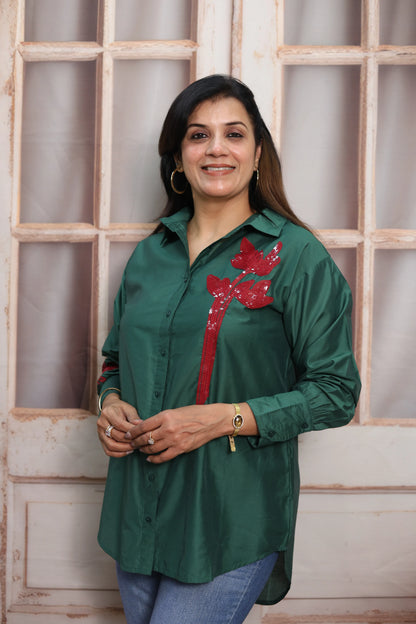 Dark Green Muslin Up-Down Short Tunic Top | Sequins Embroidery Work