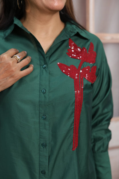 Dark Green Muslin Up-Down Short Tunic Top | Sequins Embroidery Work