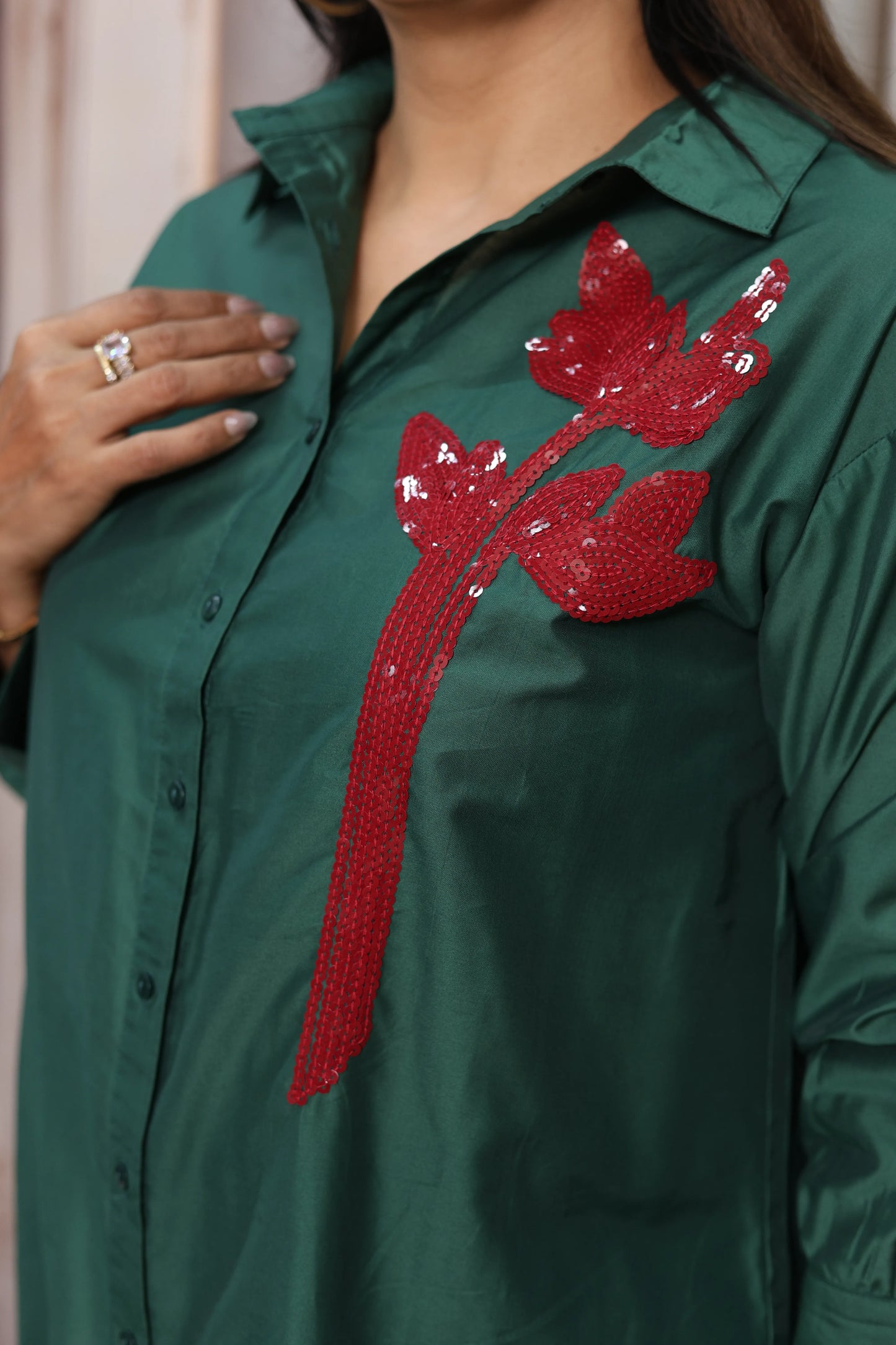 Dark Green Muslin Up-Down Short Tunic Top | Sequins Embroidery Work