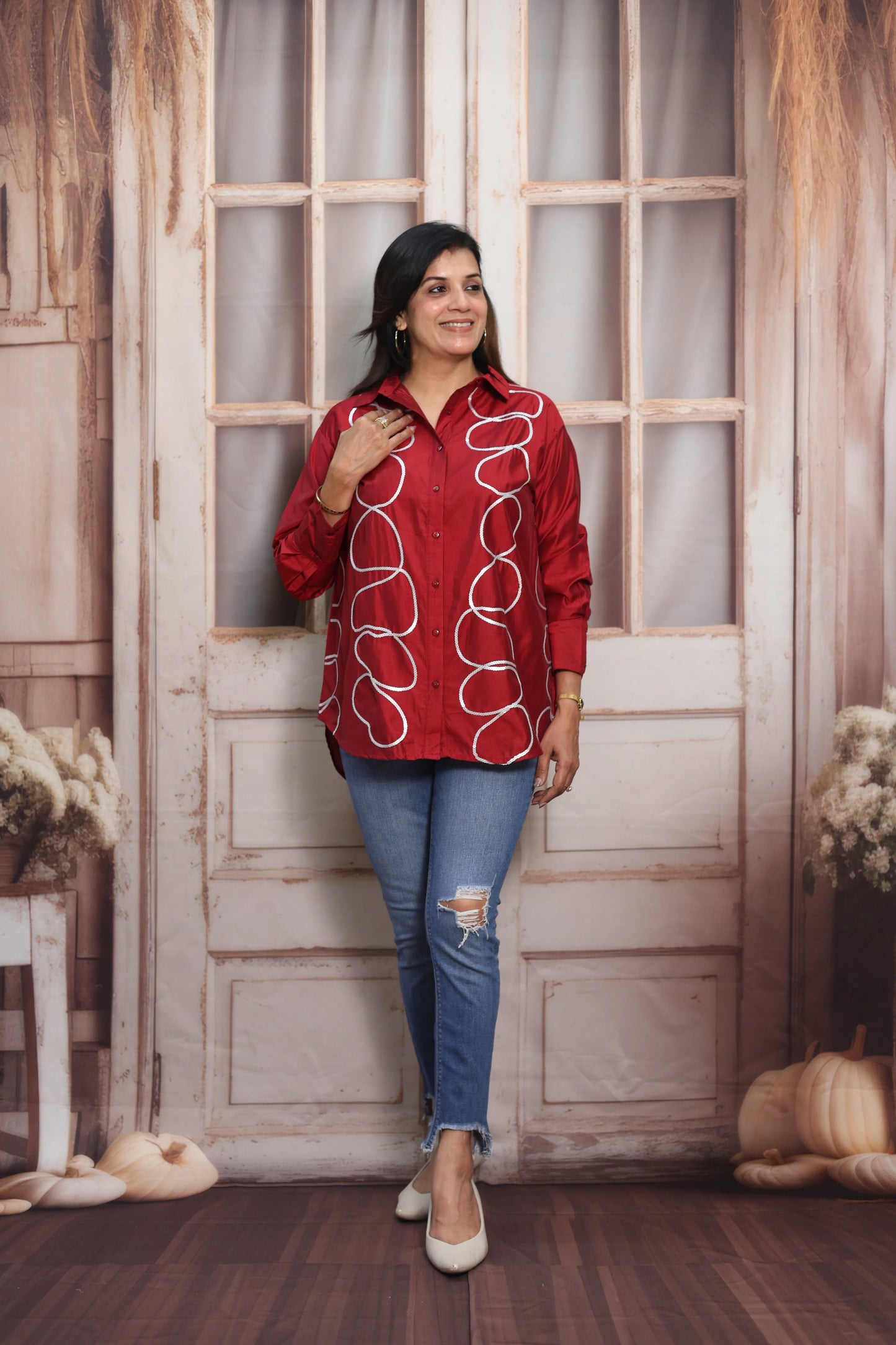 Reddish Maroon Muslin Up-Down Short Tunic Top