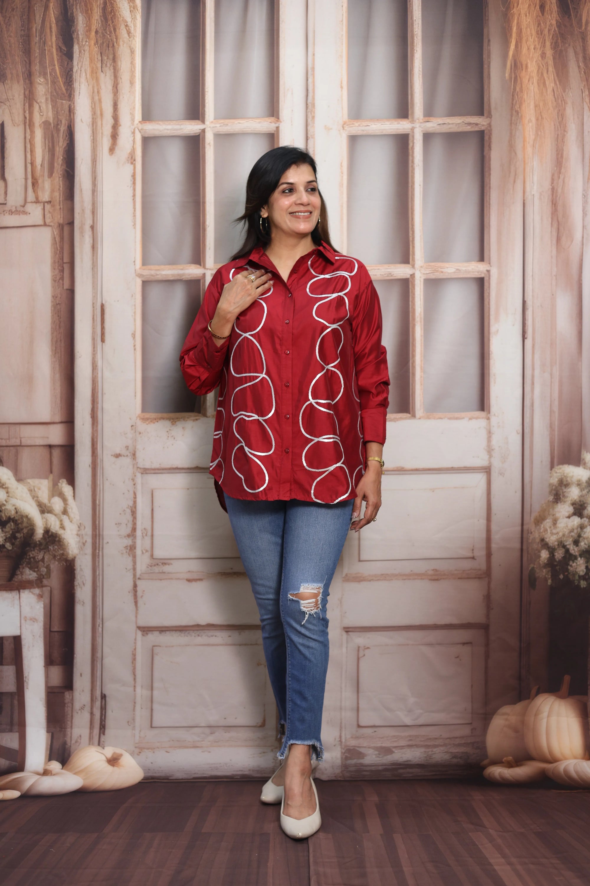 Reddish Maroon Muslin Up-Down Short Tunic Top
