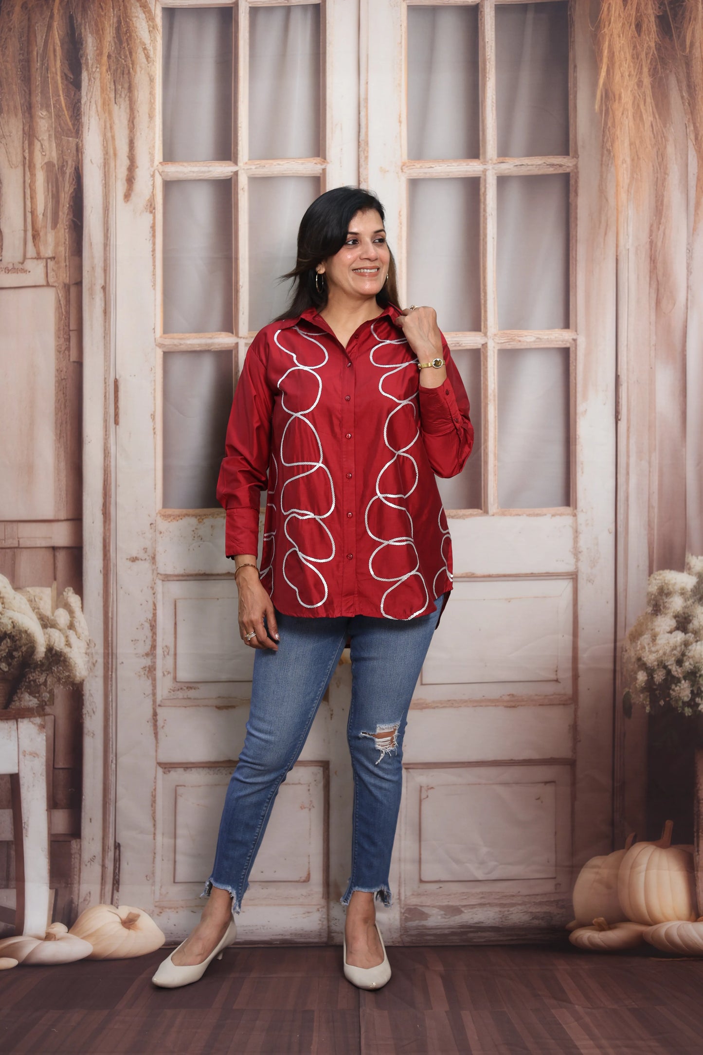 Reddish Maroon Muslin Up-Down Short Tunic Top