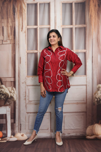 Reddish Maroon Muslin Up-Down Short Tunic Top