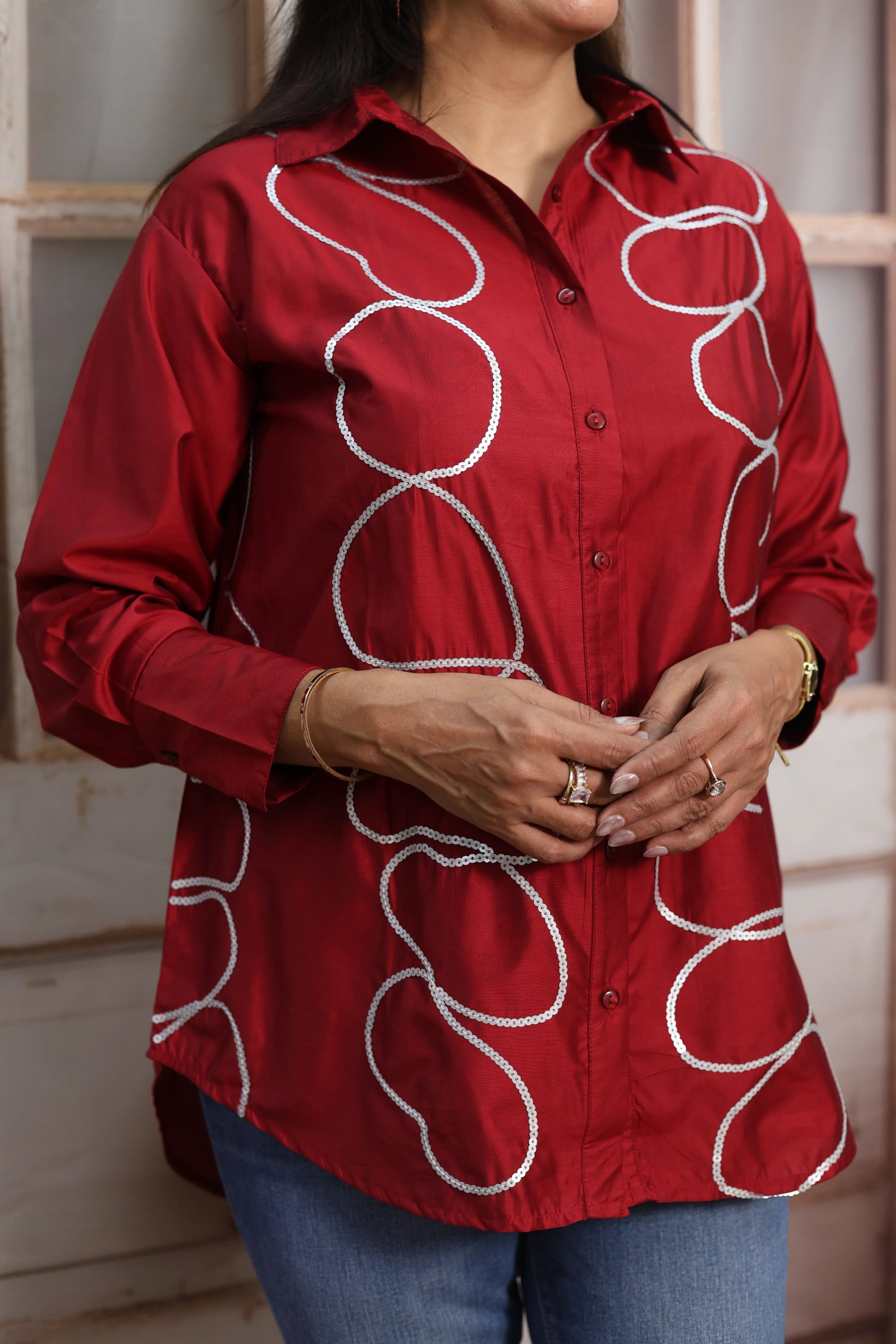 Reddish Maroon Muslin Up-Down Short Tunic Top