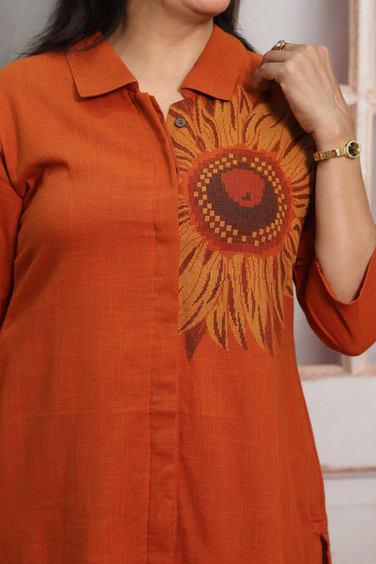 Burnt Orange Muslin Silk Co-ord Set (Plazo Set) | Sequin Embroidery Work