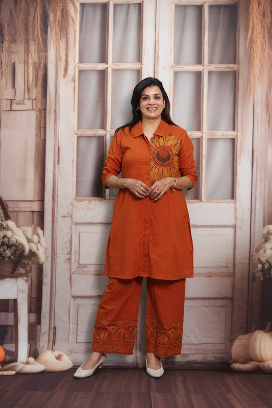 Burnt Orange Muslin Silk Co-ord Set (Plazo Set) | Sequin Embroidery Work