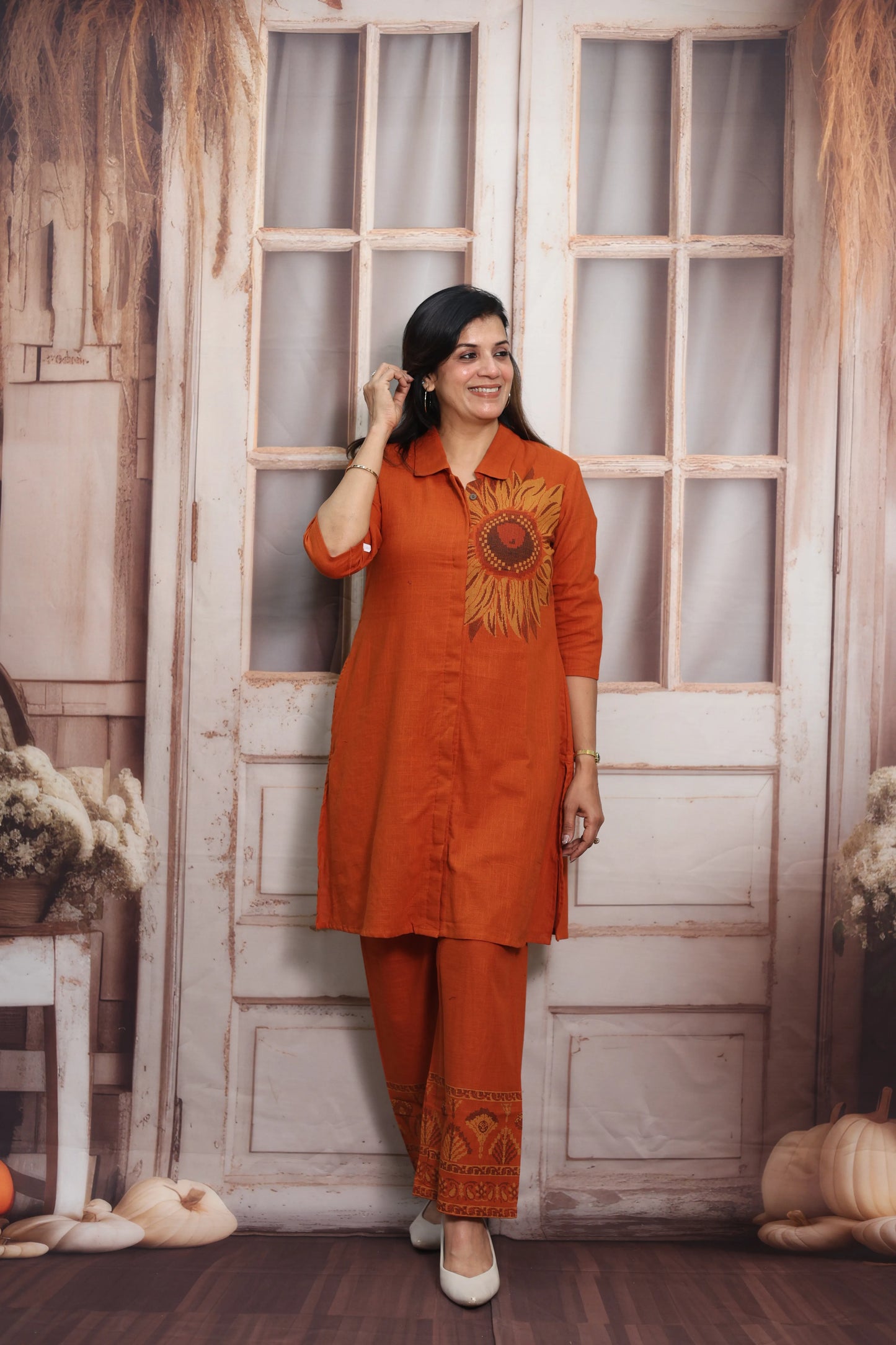 Burnt Orange Muslin Silk Co-ord Set (Plazo Set) | Sequin Embroidery Work