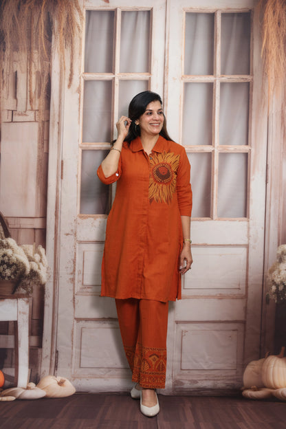 Burnt Orange Muslin Silk Co-ord Set (Plazo Set) | Sequin Embroidery Work