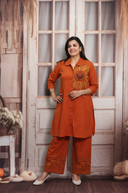 Burnt Orange Muslin Silk Co-ord Set (Plazo Set) | Sequin Embroidery Work