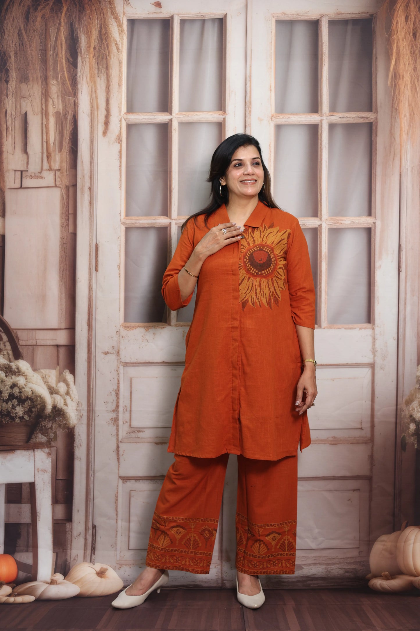 Burnt Orange Muslin Silk Co-ord Set (Plazo Set) | Sequin Embroidery Work