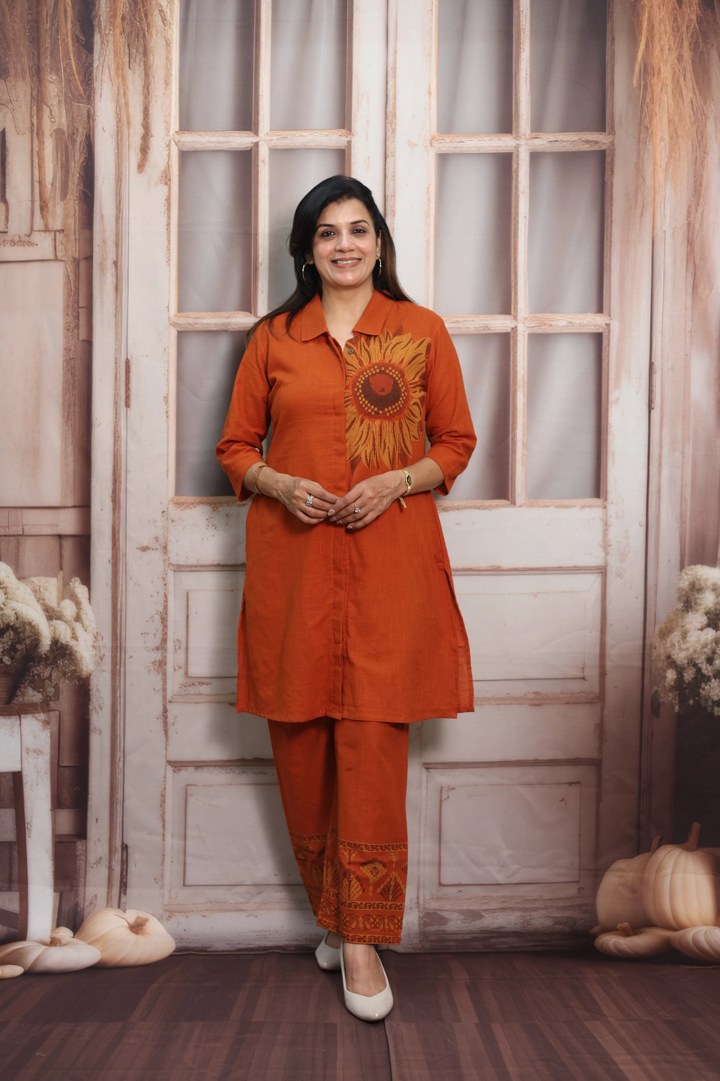 Burnt Orange Muslin Silk Co-ord Set (Plazo Set) | Sequin Embroidery Work