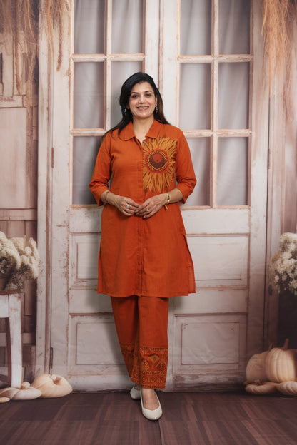 Burnt Orange Muslin Silk Co-ord Set (Plazo Set) | Sequin Embroidery Work