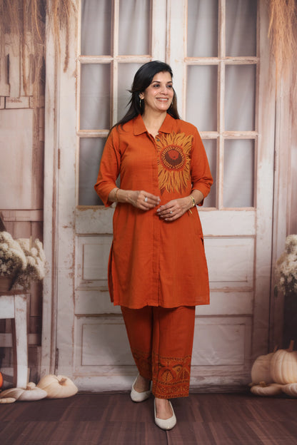 Burnt Orange Muslin Silk Co-ord Set (Plazo Set) | Sequin Embroidery Work