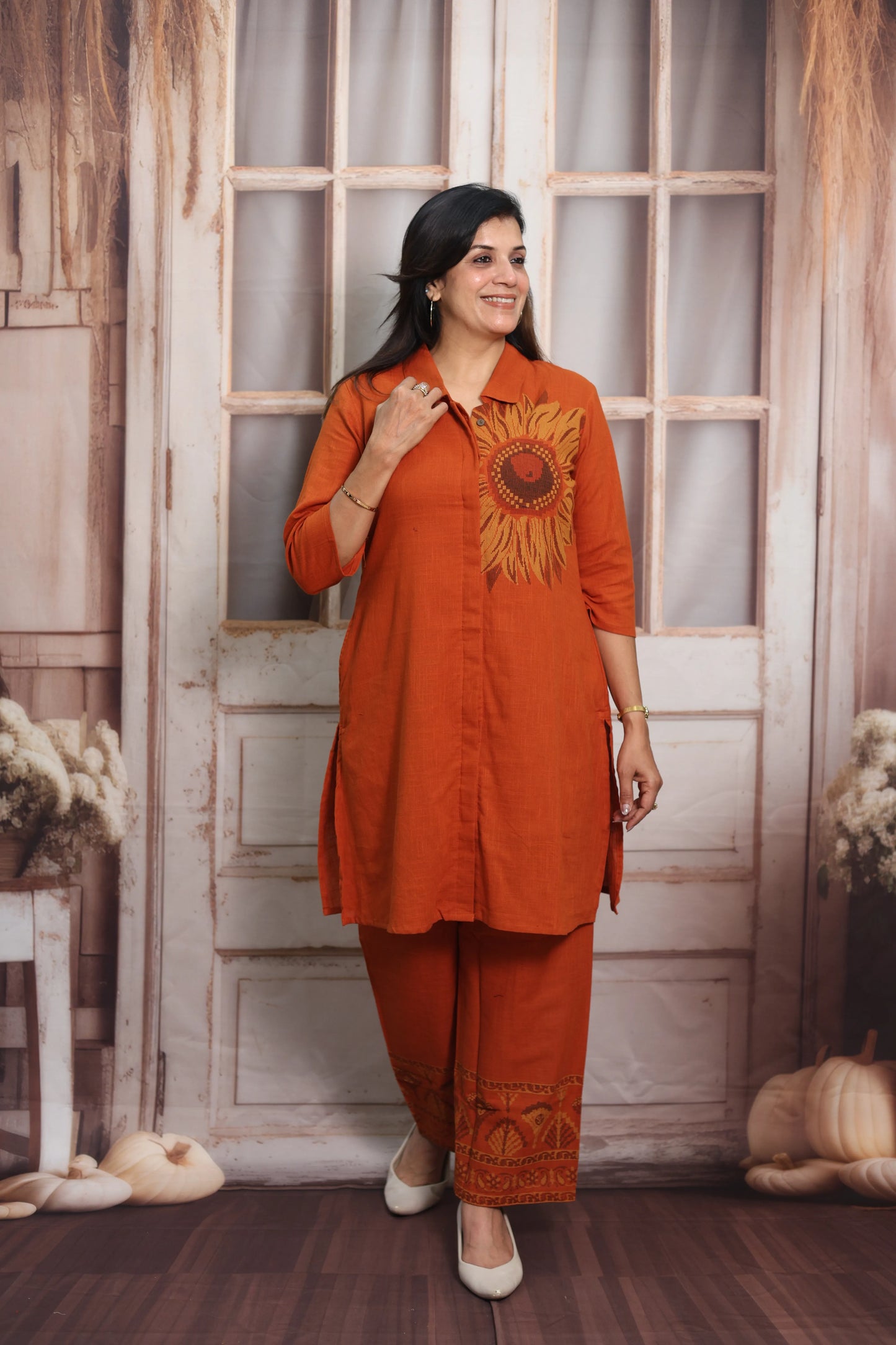 Burnt Orange Muslin Silk Co-ord Set (Plazo Set) | Sequin Embroidery Work