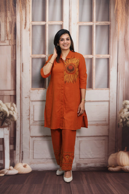 Burnt Orange Muslin Silk Co-ord Set (Plazo Set) | Sequin Embroidery Work