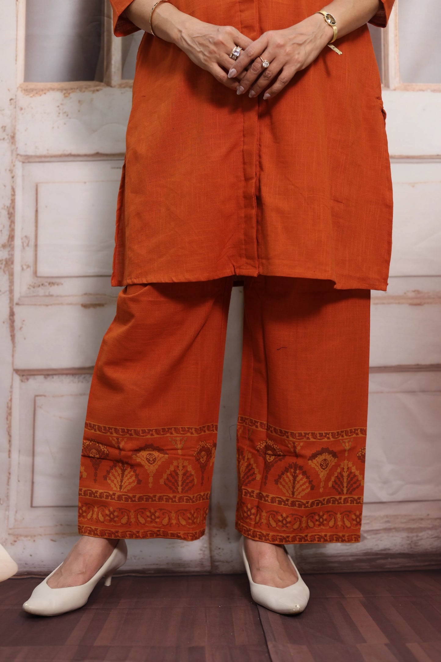 Burnt Orange Muslin Silk Co-ord Set (Plazo Set) | Sequin Embroidery Work