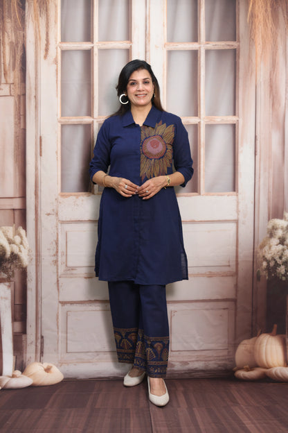 Navy Blue Cotton Co-ord Set (Plazo Set) | Hand Printed Design
