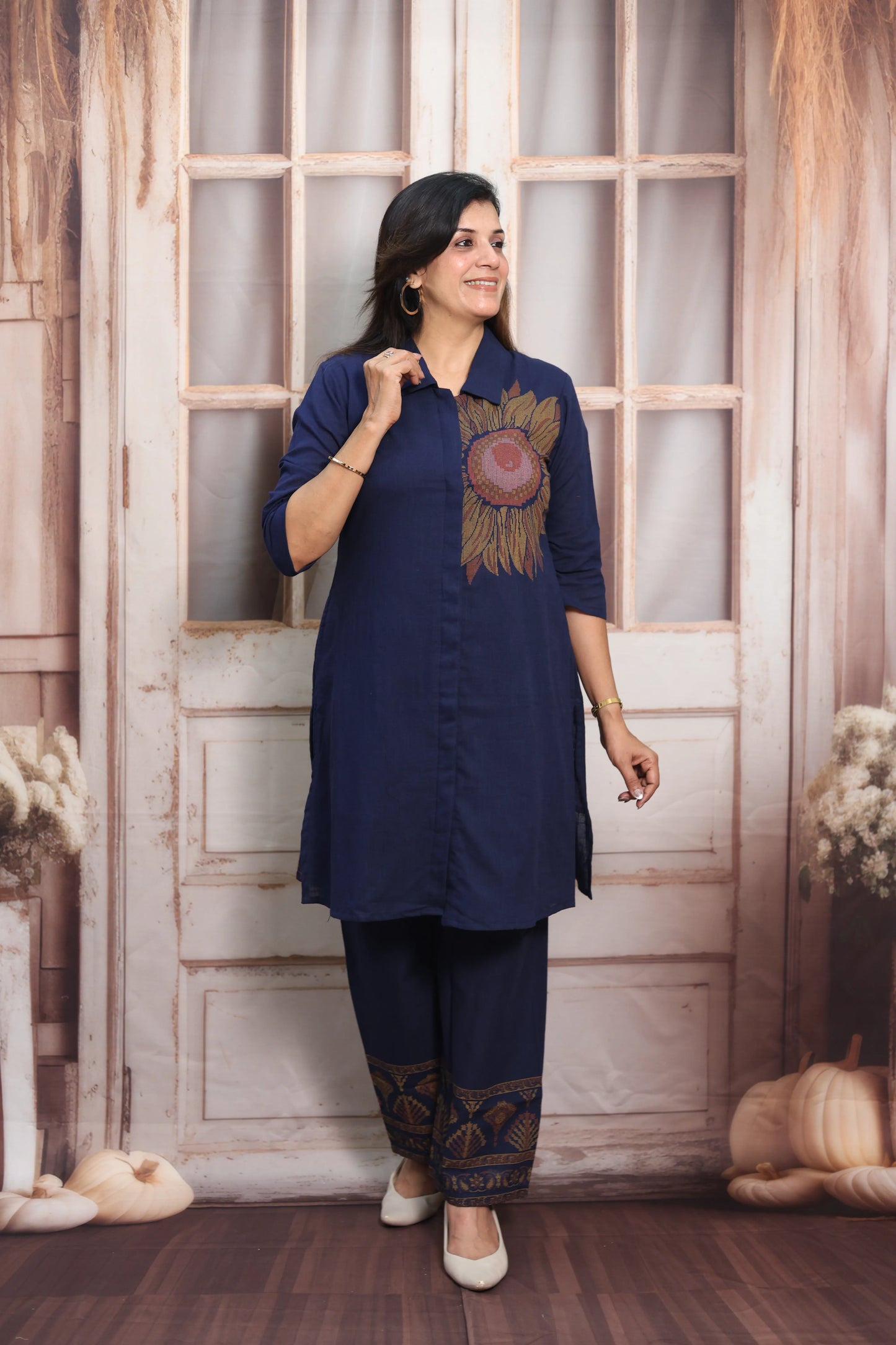 Navy Blue Cotton Co-ord Set (Plazo Set) | Hand Printed Design