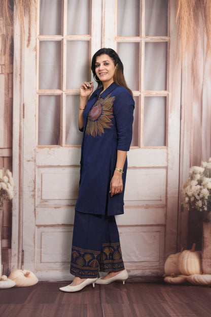 Navy Blue Cotton Co-ord Set (Plazo Set) | Hand Printed Design