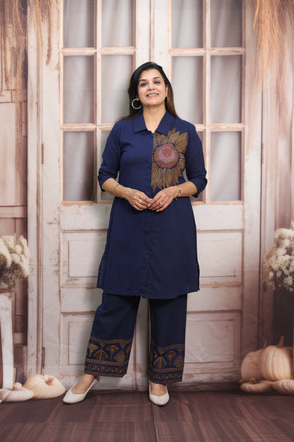 Navy Blue Cotton Co-ord Set (Plazo Set) | Hand Printed Design