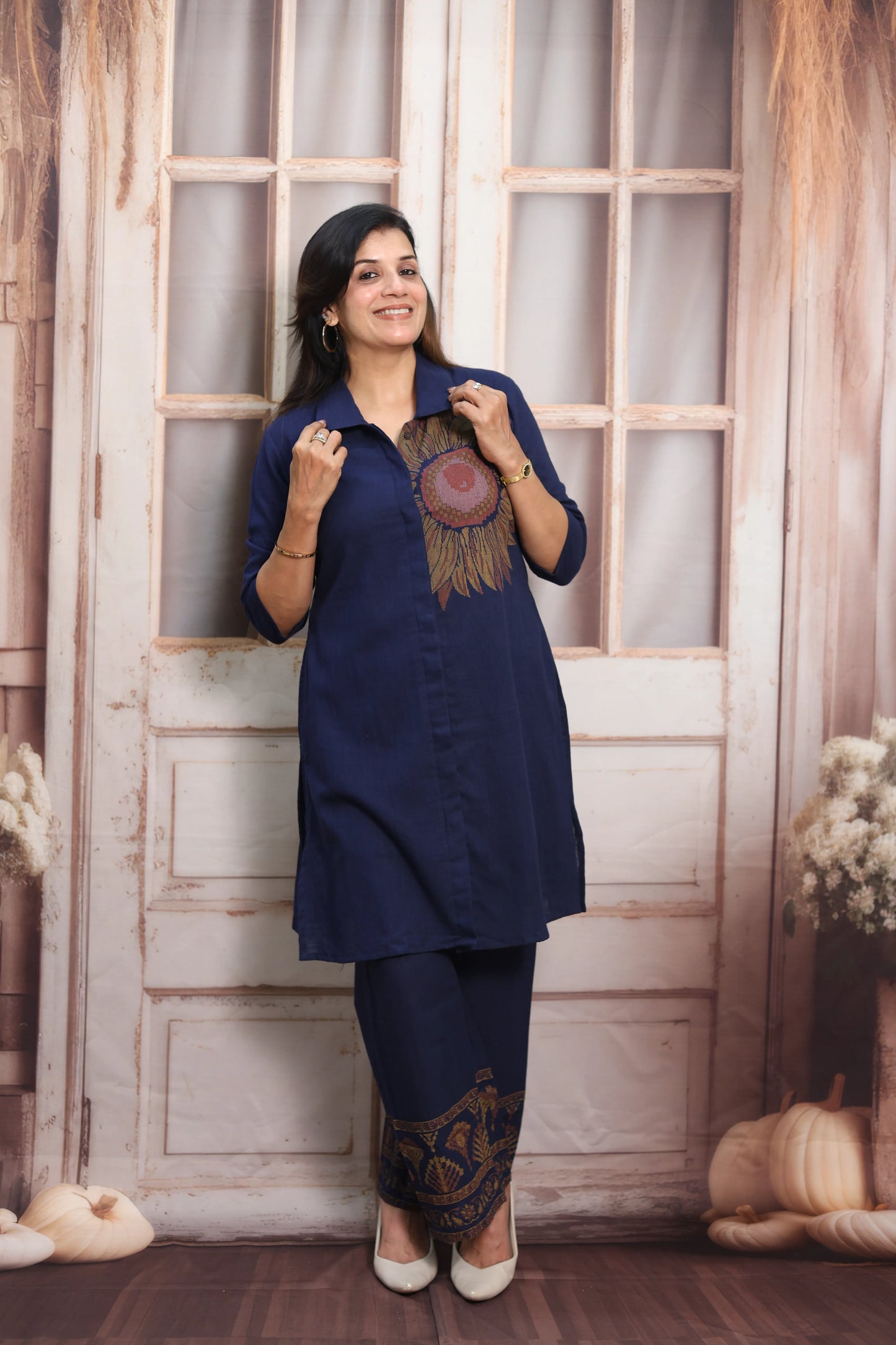 Navy Blue Cotton Co-ord Set (Plazo Set) | Hand Printed Design