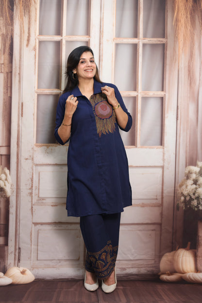 Navy Blue Cotton Co-ord Set (Plazo Set) | Hand Printed Design