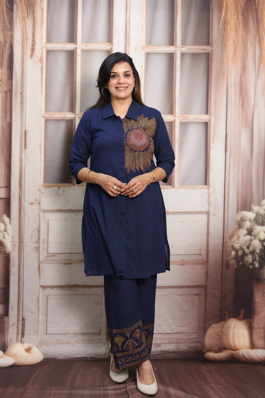 Navy Blue Cotton Co-ord Set (Plazo Set) | Hand Printed Design