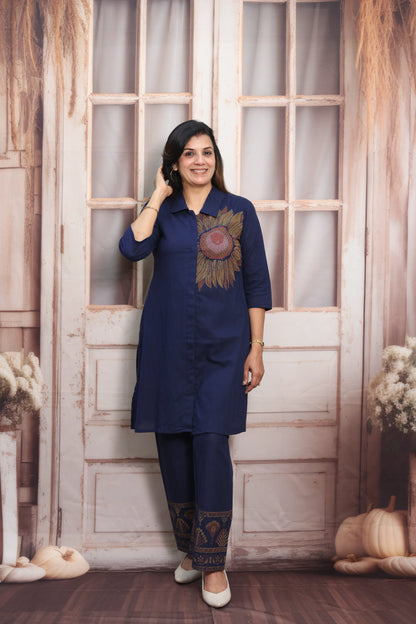 Navy Blue Cotton Co-ord Set (Plazo Set) | Hand Printed Design