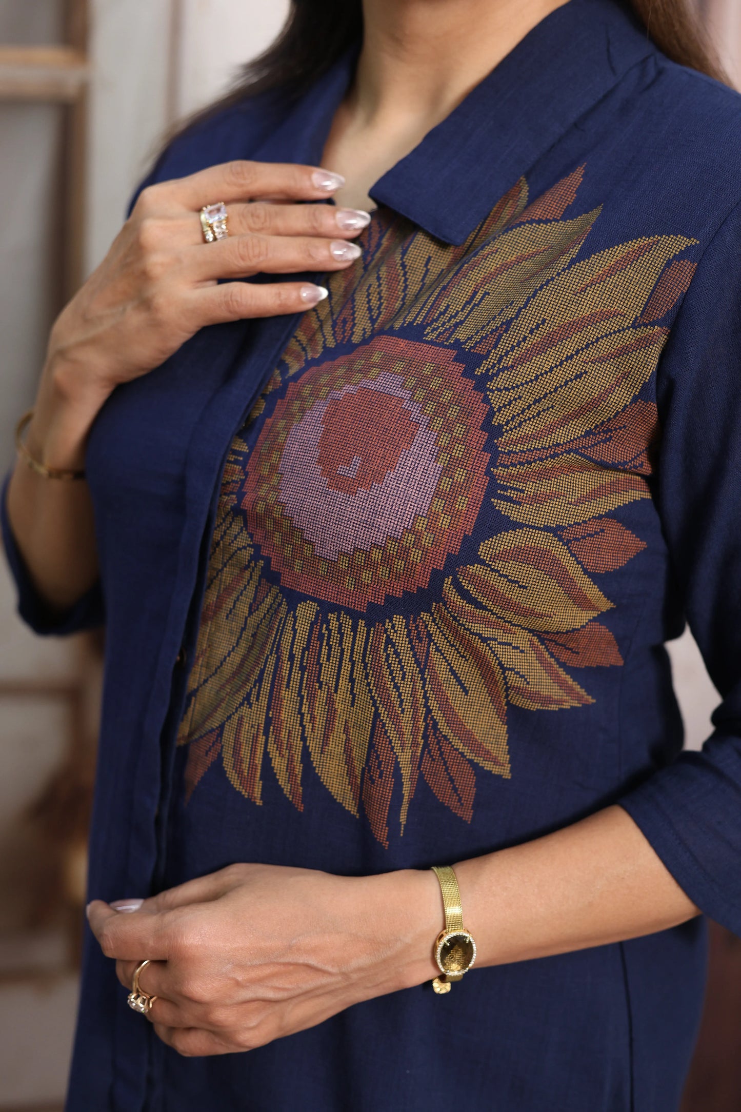 Navy Blue Cotton Co-ord Set (Plazo Set) | Hand Printed Design