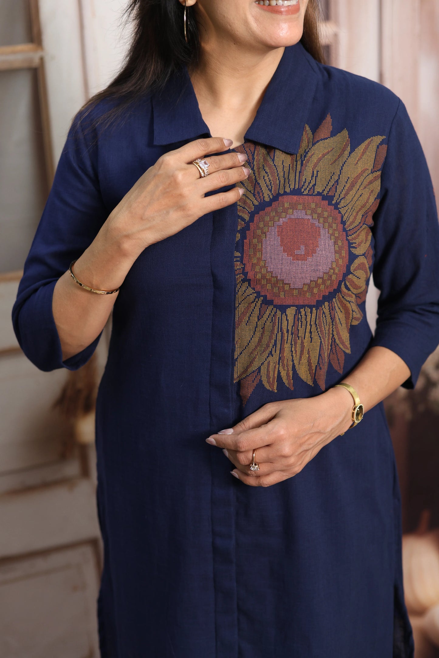 Navy Blue Cotton Co-ord Set (Plazo Set) | Hand Printed Design