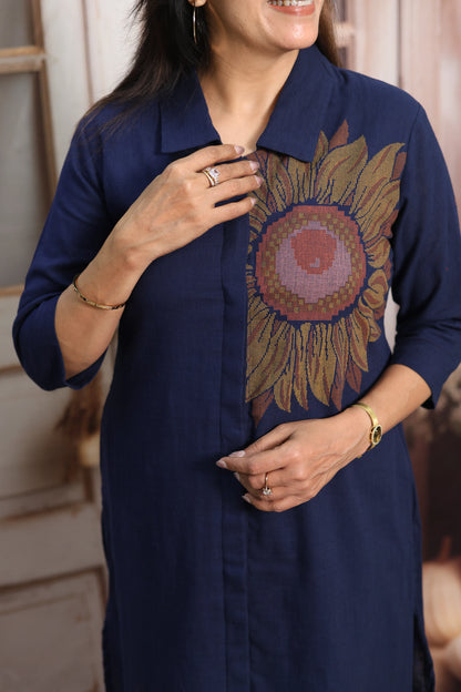 Navy Blue Cotton Co-ord Set (Plazo Set) | Hand Printed Design