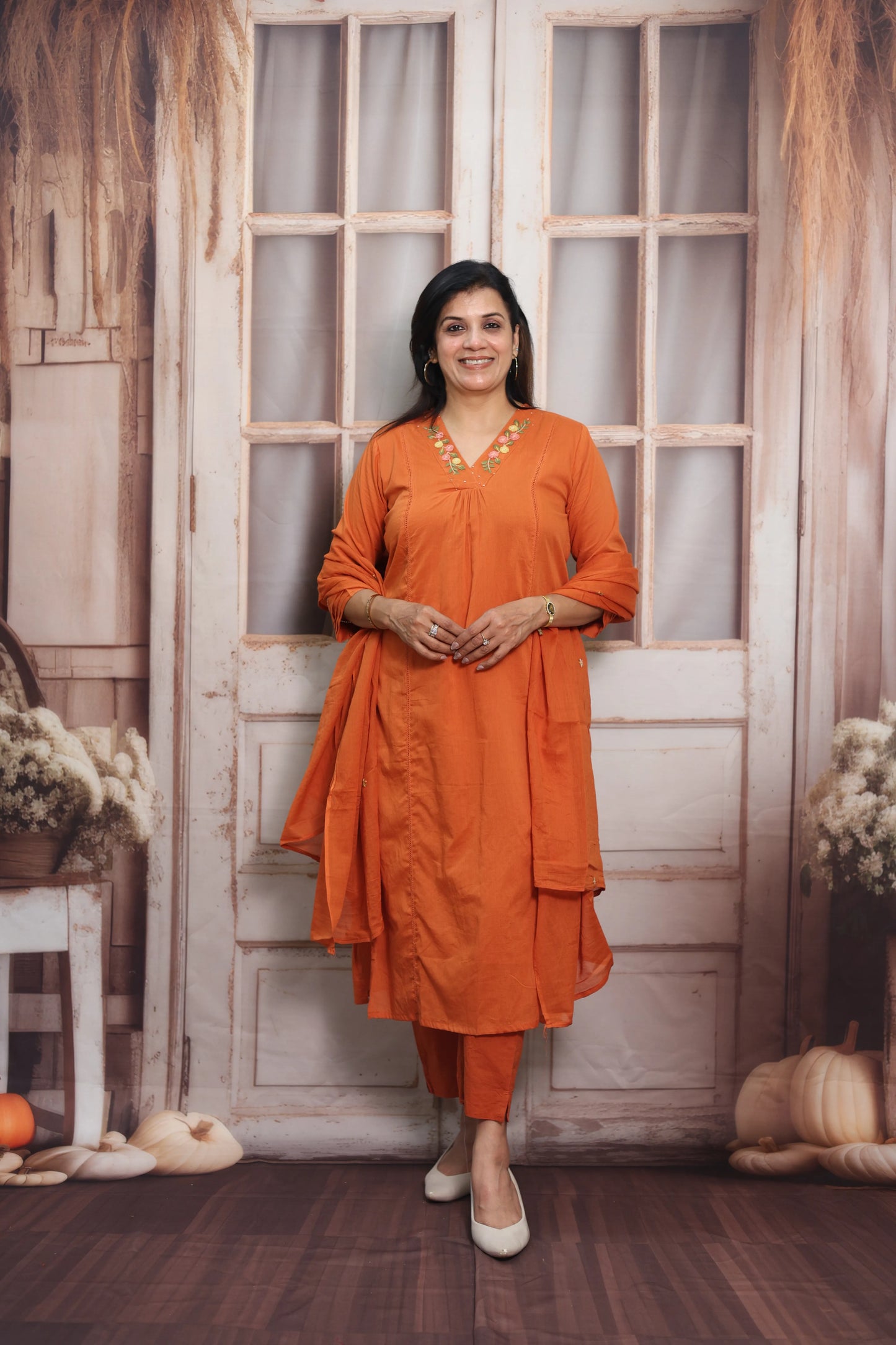 Orange Mul Cotton Kurta Dupatta Set | Thread Embroidery Design