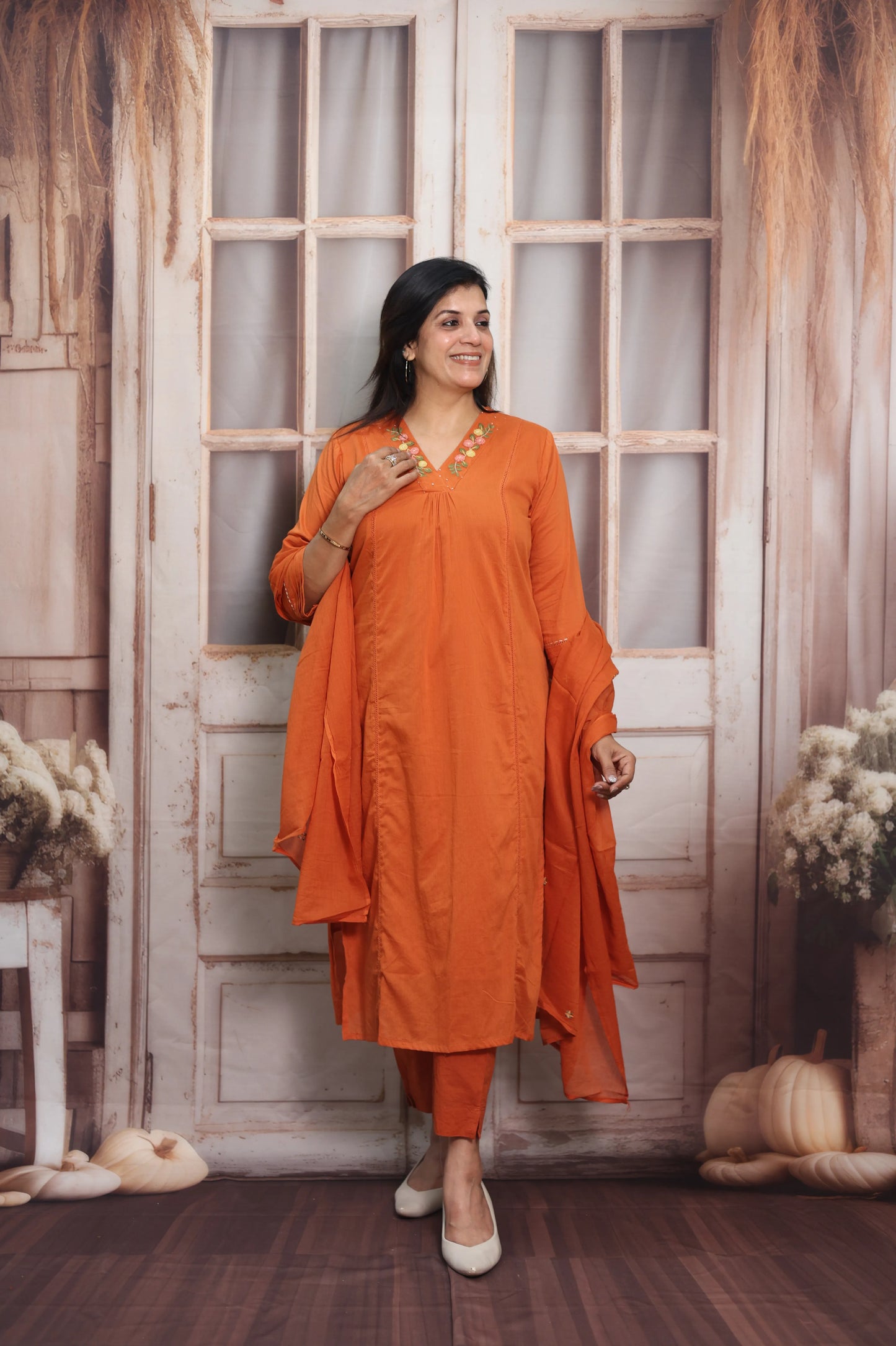 Orange Mul Cotton Kurta Dupatta Set | Thread Embroidery Design