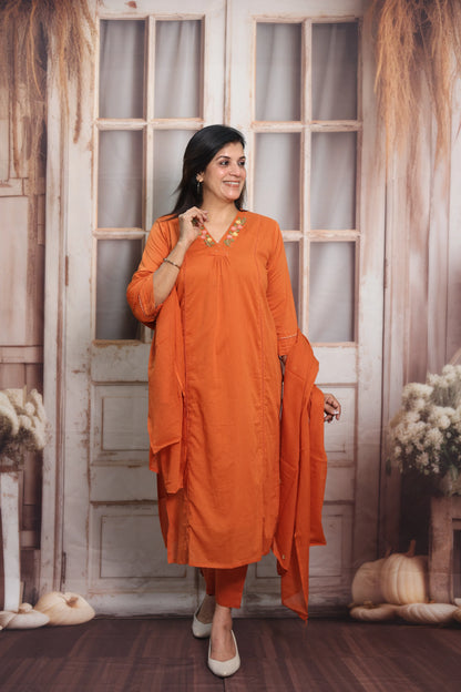 Orange Mul Cotton Kurta Dupatta Set | Thread Embroidery Design