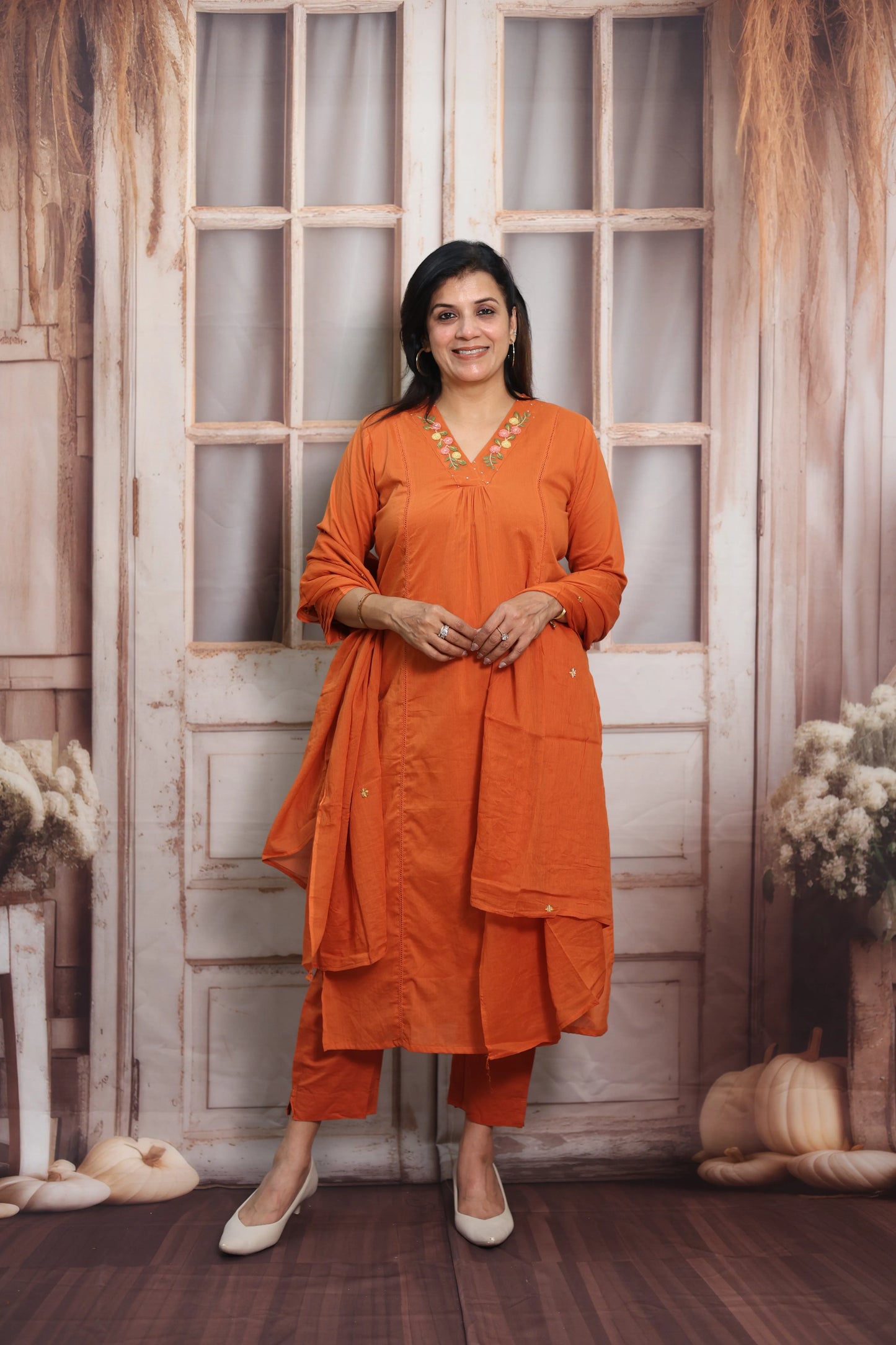 Orange Mul Cotton Kurta Dupatta Set | Thread Embroidery Design