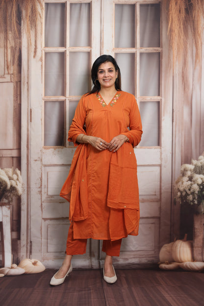 Orange Mul Cotton Kurta Dupatta Set | Thread Embroidery Design