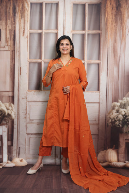 Orange Mul Cotton Kurta Dupatta Set | Thread Embroidery Design