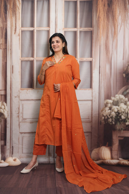 Orange Mul Cotton Kurta Dupatta Set | Thread Embroidery Design