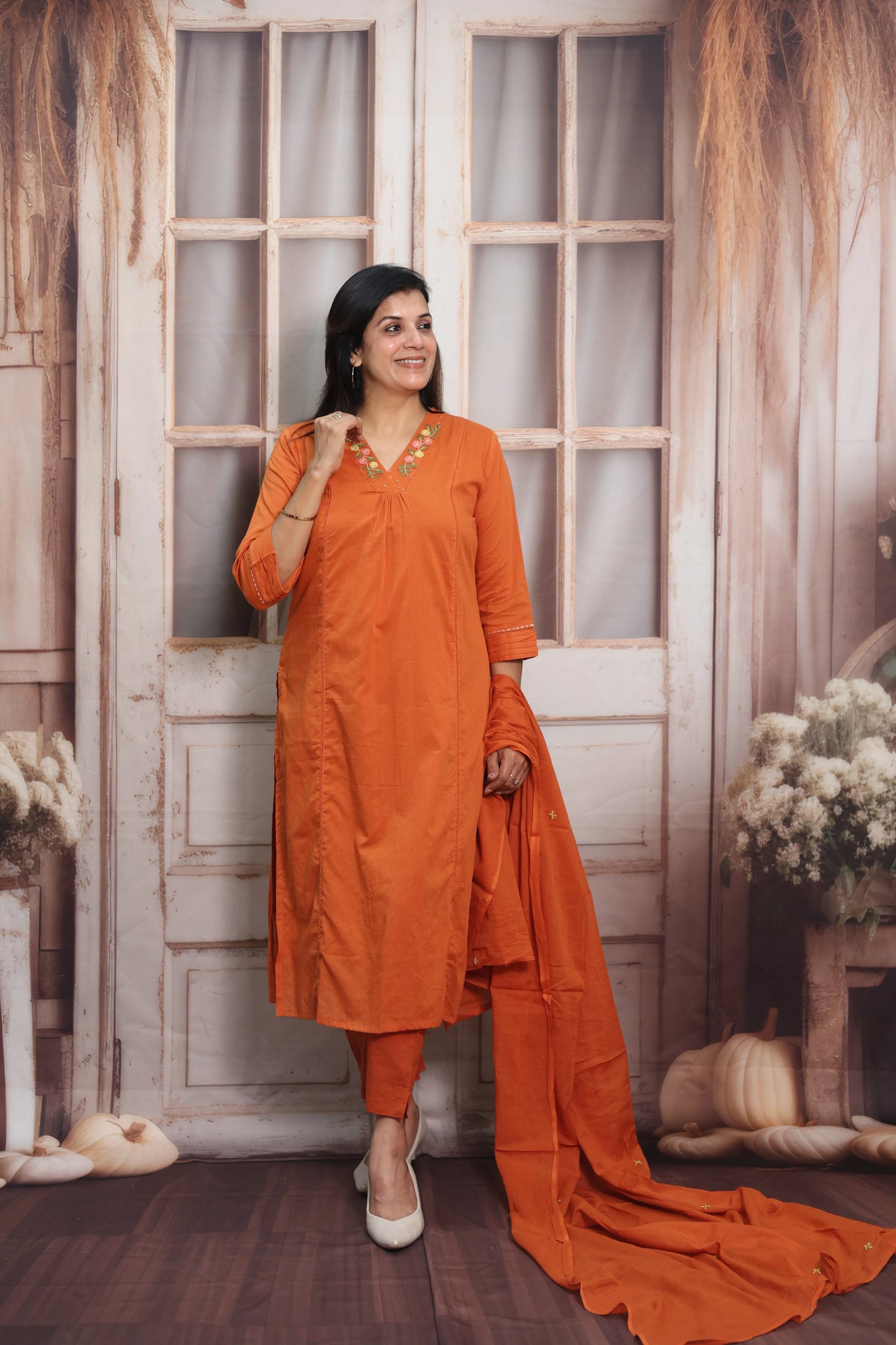 Orange Mul Cotton Kurta Dupatta Set | Thread Embroidery Design