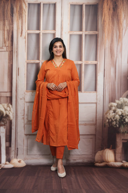 Orange Mul Cotton Kurta Dupatta Set | Thread Embroidery Design