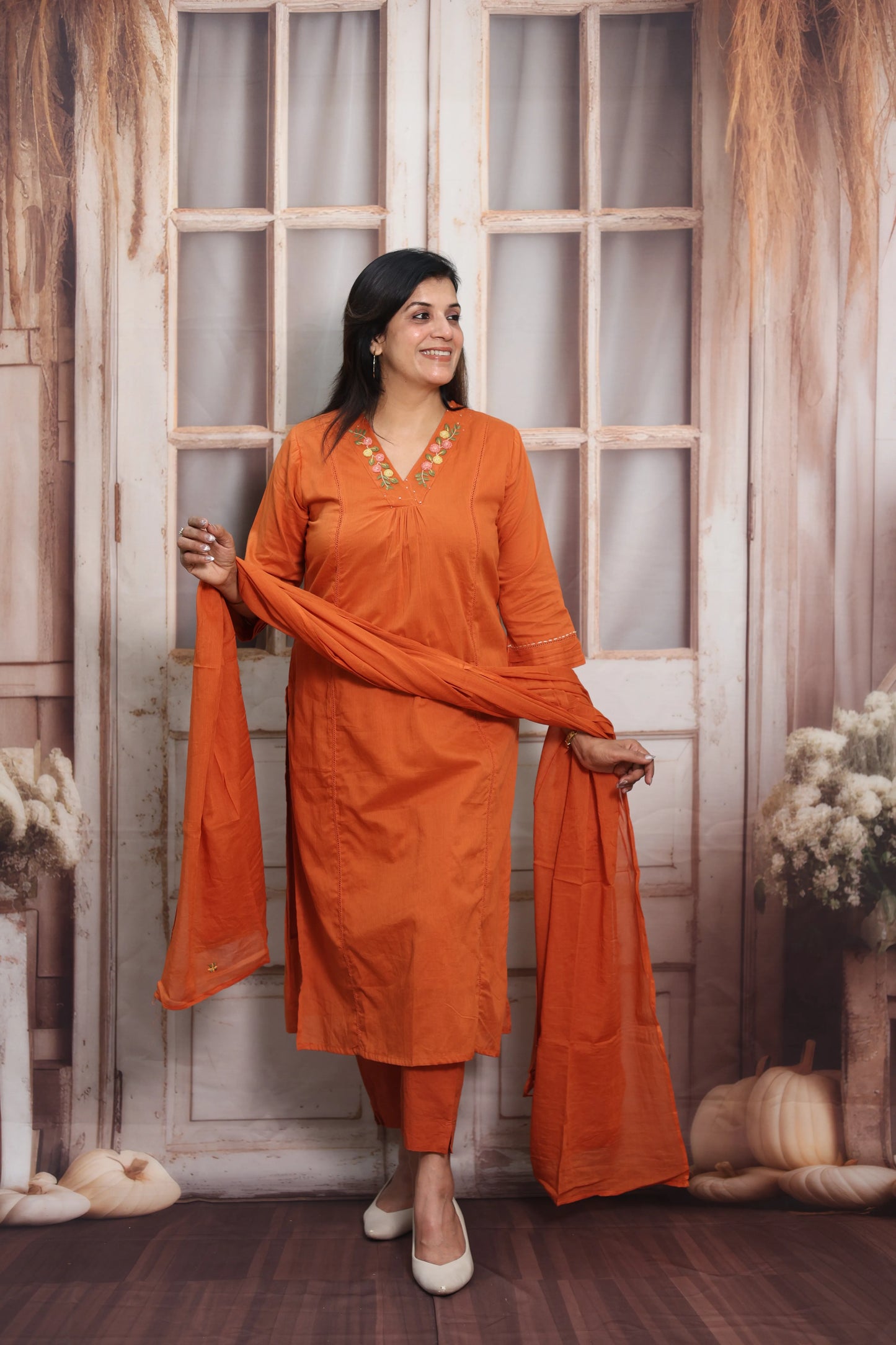 Orange Mul Cotton Kurta Dupatta Set | Thread Embroidery Design