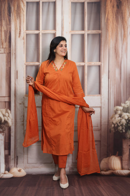 Orange Mul Cotton Kurta Dupatta Set | Thread Embroidery Design