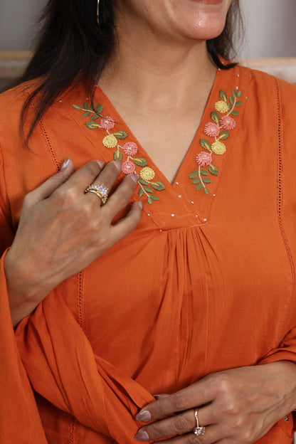 Orange Mul Cotton Kurta Dupatta Set | Thread Embroidery Design