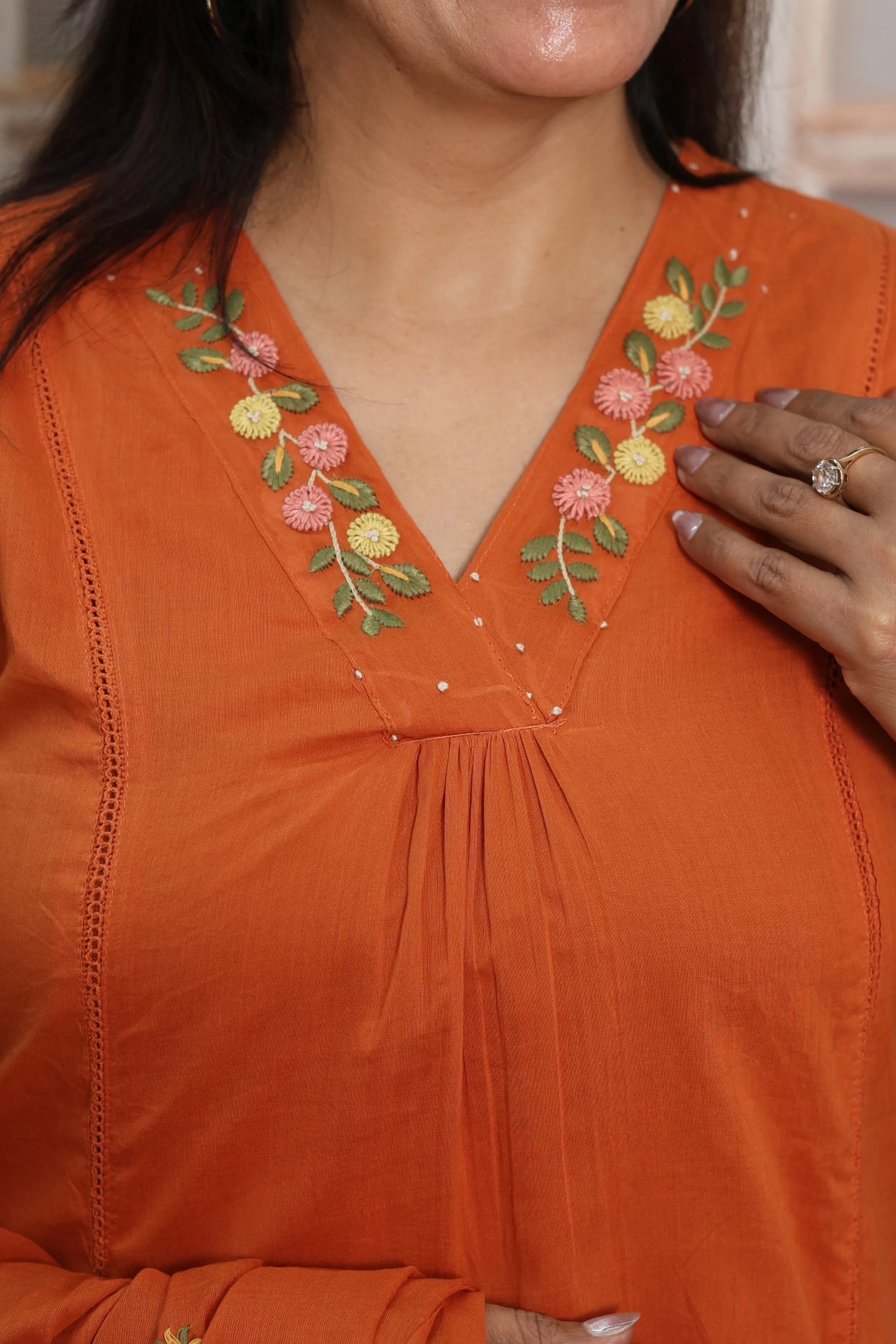 Orange Mul Cotton Kurta Dupatta Set | Thread Embroidery Design