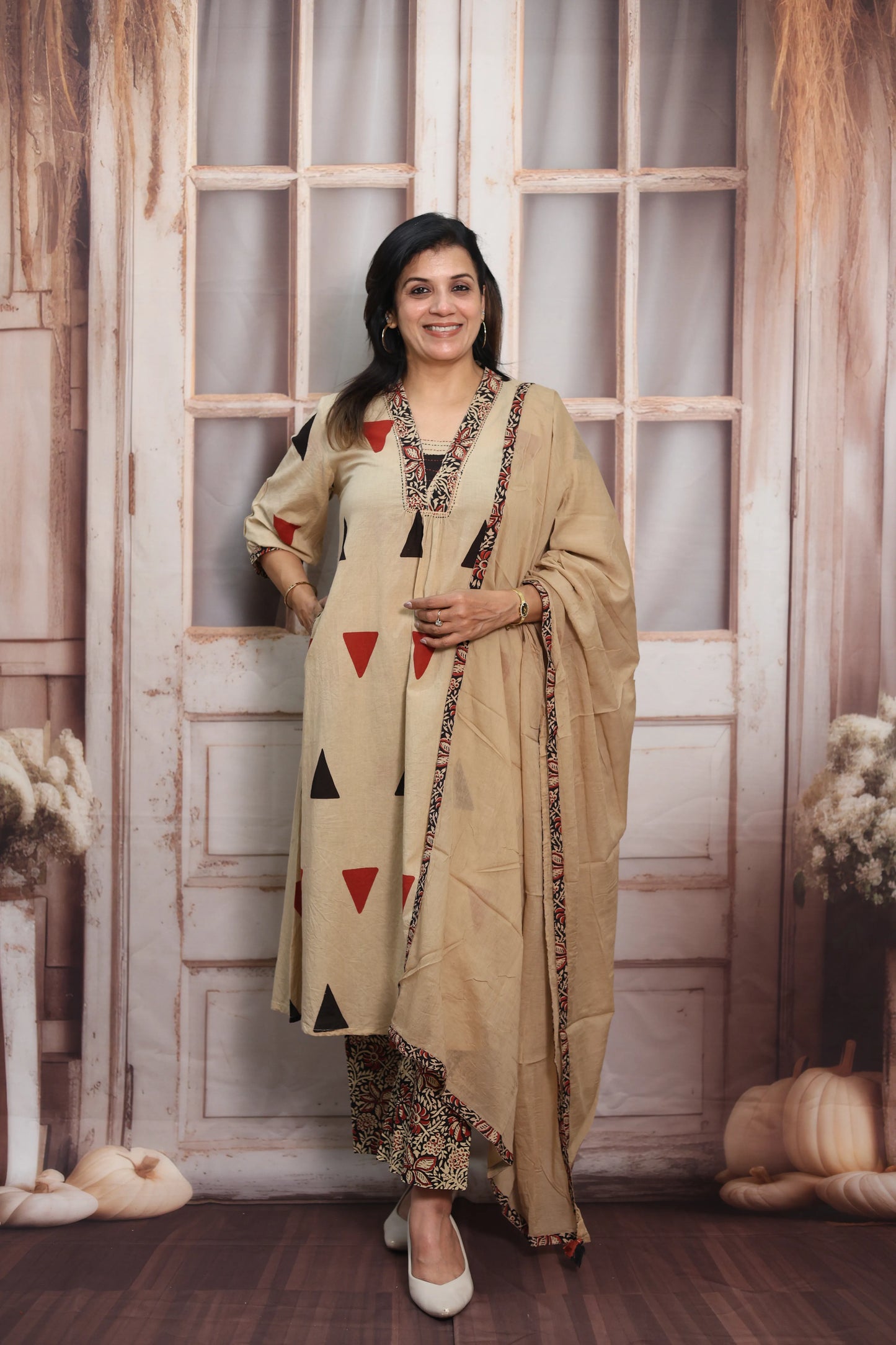 Light Brown A-Line Cotton Kurta Dupatta Set | Sequins Work & Ajrakh Print