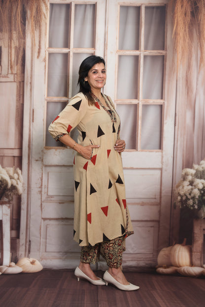 Light Brown A-Line Cotton Kurta Dupatta Set | Sequins Work & Ajrakh Print