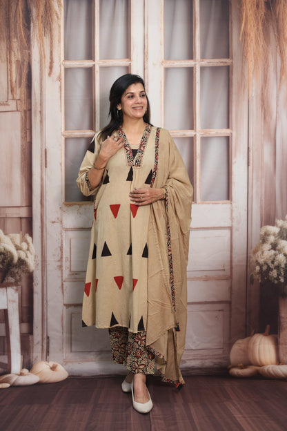 Light Brown A-Line Cotton Kurta Dupatta Set | Sequins Work & Ajrakh Print